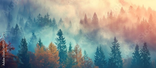Colorful foggy forest in autumn. Panoramic view of the misty pine and spruce trees at sunrise. Beautiful natural background. © Bolustck