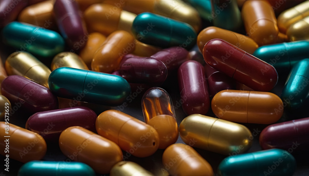 A close-up image of various colored pills and capsules scattered on a surface A close-up image of various colored pills and capsules scattered on a surface