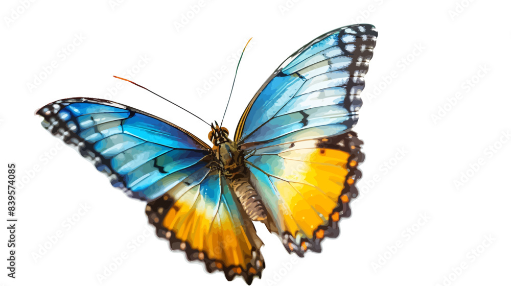 Very beautiful blue yellow orange butterfly in flight isolated on a white background Very beautiful blue yellow orange butterfly in flight isolated on a white background