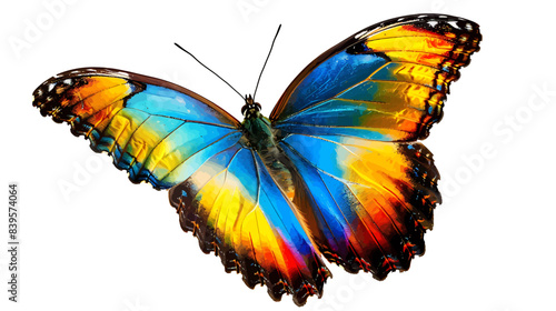 Very beautiful blue yellow orange butterfly in flight isolated on a white background