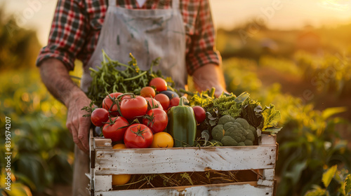 Farmer holding a wooden crate filled with vegetables on a field, harvest. photo