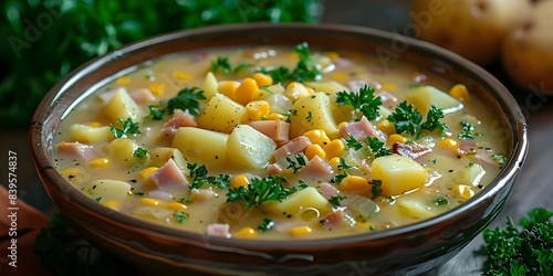 A Delicious Chowder Recipe with Potatoes, Ham, Bacon, Sweetcorn, and Parsley. Concept Potato Chowder, Ham and Bacon Soup, Sweetcorn Chowder, Parsley Creamy Chowder, Hearty Chowder Recipe photo