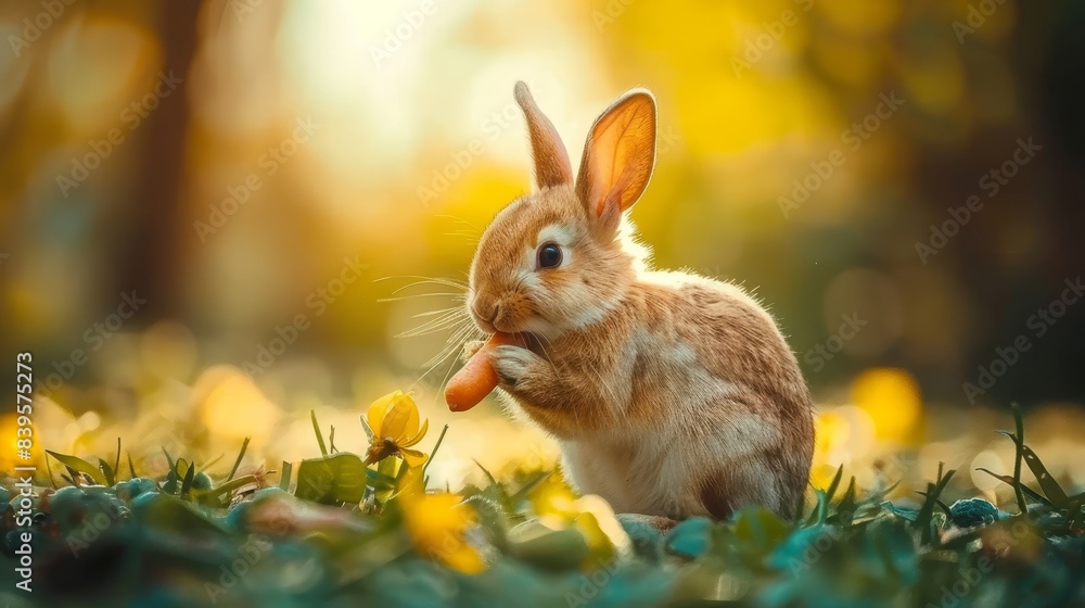 Fototapeta premium Forest rabbit enjoys bountiful feast, happily munching on a fresh carrot in the woods