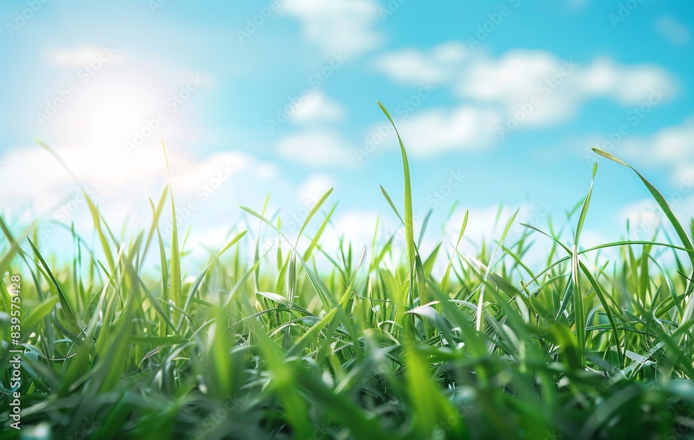 Obraz premium Vast Green Field Under a Blue Sky with Clouds