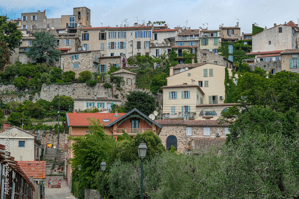 Fototapeta premium View of Biot village, a small, medieval, fortified historic village, located on a hilltop in the Provence-Alpes-Cote d'Azur, near the town of Antibes, between the cities of Nice and Cannes, France