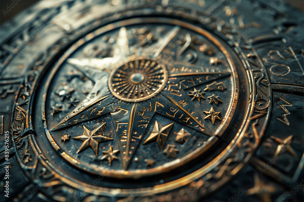 Closeup of a Detailed Ornate Clock Face With Gold Accents and Starry Design Closeup of a Detailed Ornate Clock Face With Gold Accents and Starry Design
