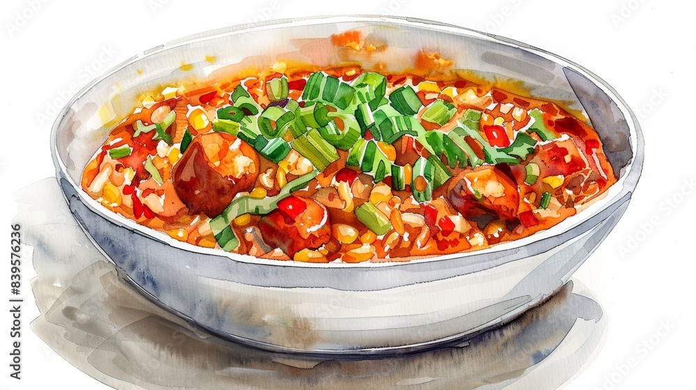 A delicious and hearty bowl of soup, made with fresh vegetables and chunks of sausage. A delicious and hearty bowl of soup, made with fresh vegetables and chunks of sausage.