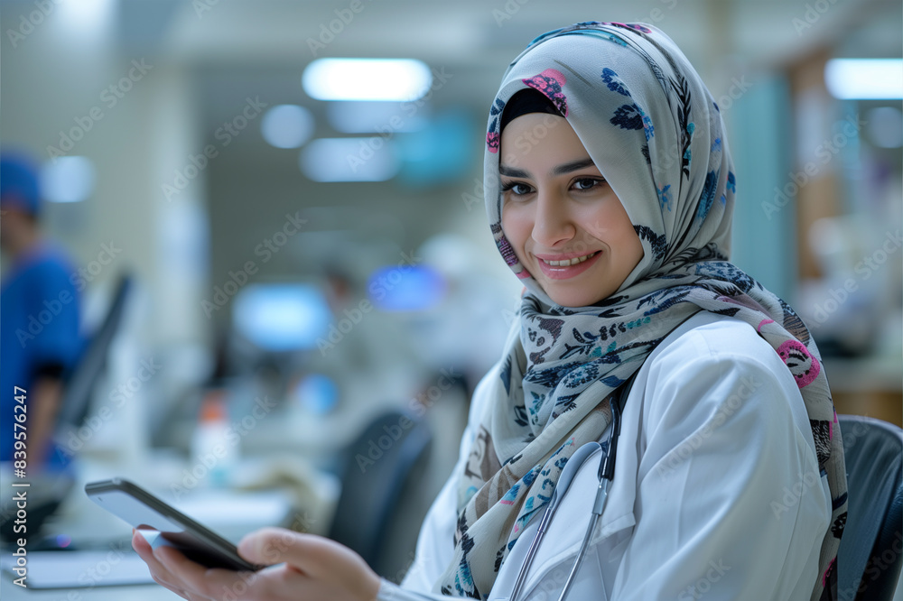 Muslim Female Doctor Using Smartphone in Hospital Muslim Female Doctor Using Smartphone in Hospital