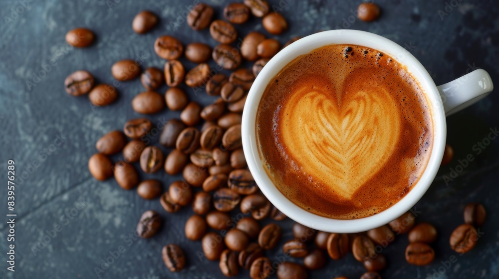 Top view of a cup of hot coffee with heart shaped latte art, surrounded by coffee beans on a dark surface Top view of a cup of hot coffee with heart shaped latte art, surrounded by coffee beans on a dark surface