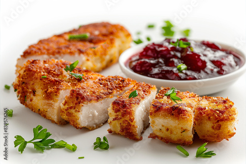 Crispy Fried Chicken Breast Slices With Cranberry Sauce