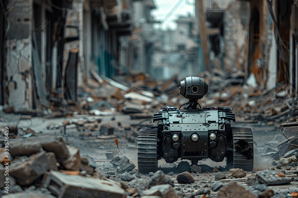 Bomb Disposal Robot Navigating Through Rubble in War Torn Area to Reach Explosive Bomb Disposal Robot Navigating Through Rubble in War Torn Area to Reach Explosive