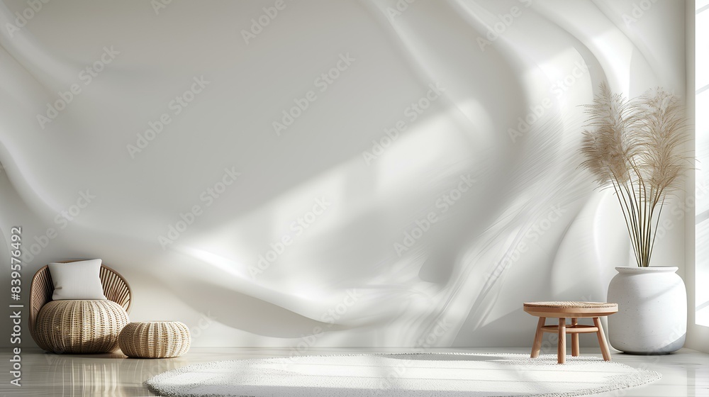 Obraz premium he elegance of a white room adorned with a plush armchair as the focal point, enhanced by the presence of a vase filled with colorful blooms, creating a tranquil and inviting scene