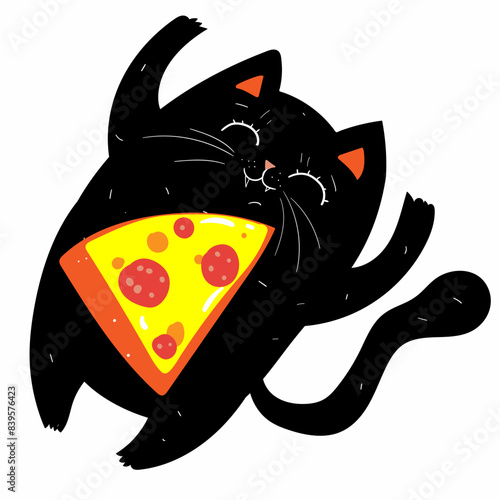Funny cat sleeping in a box from under the pizza. Fat cat in cartoon style. Vector illustration.