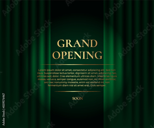 Grand Opening. Luxury banner with green curtain and golden text. Vector illustration