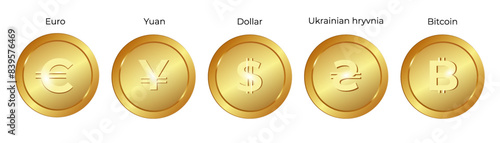 Realistic golden 3d coins in the currency of different countries. Vector illustration isolated on white background