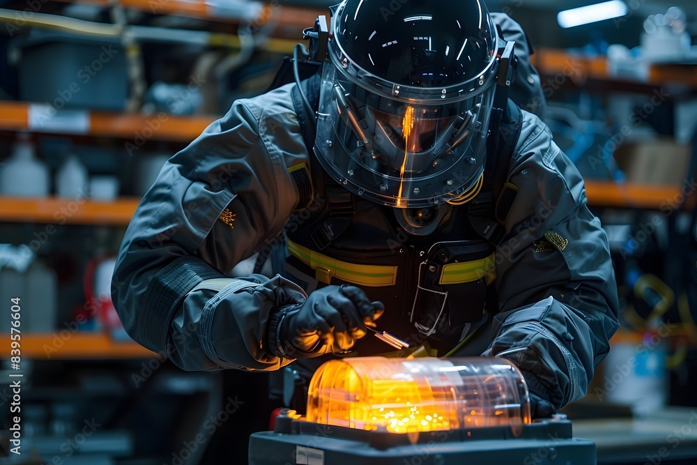 Technician in Bomb Suit Carefully Placing Detonator into Blast Containment Vessel Technician in Bomb Suit Carefully Placing Detonator into Blast Containment Vessel