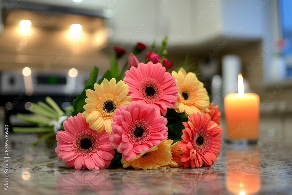 Obraz premium Colorful flower bouquet and candles elegantly arranged on kitchen table for a charming display
