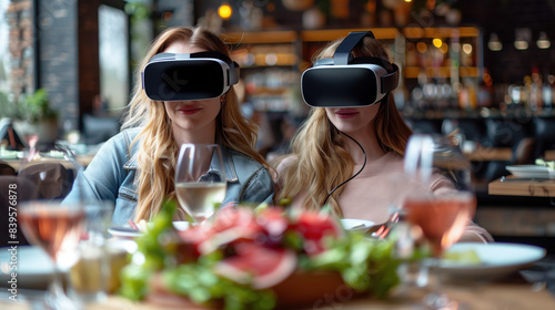 Two Ladies Having Dinner with Virtual Reality Headsets.