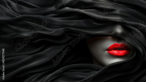 Fashion style pictures. woman's face shows red mouth lips with black veil