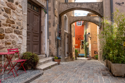 View of Biot village, a small, medieval, fortified historic village, located on a hilltop in the Provence-Alpes-Cote d'Azur, near the town of Antibes, between the cities of Nice and Cannes, France