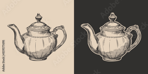 Vintage retro engraving woodcut style sketch draw paint of tea pot teapot in antique classic vintage style illustration