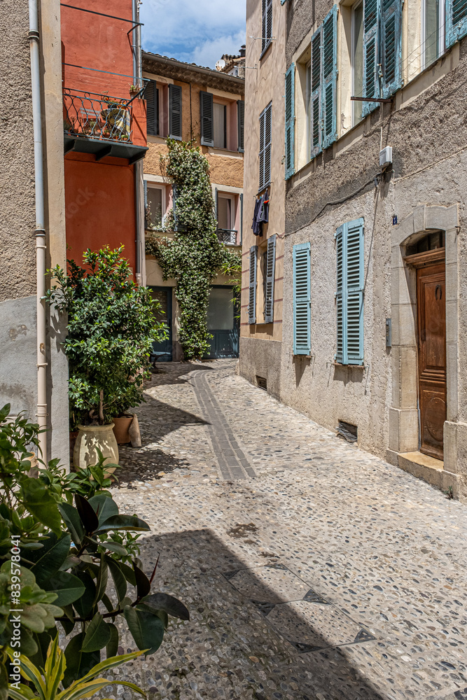 Naklejka premium View of Biot village, a small, medieval, fortified historic village, located on a hilltop in the Provence-Alpes-Cote d'Azur, near the town of Antibes, between the cities of Nice and Cannes, France