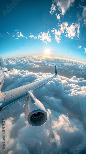 A passenger civil airplane jet flies at flight level high in the sky above the clouds and blue sky photo