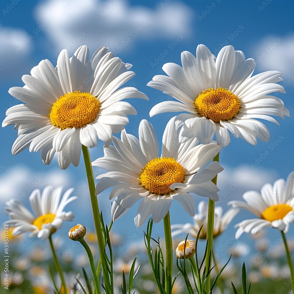 three or fore daisy flowers, blue sky and cloud as background three or fore daisy flowers, blue sky and cloud as background