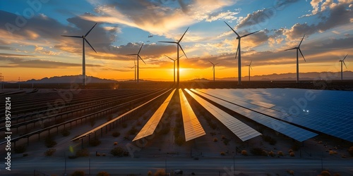 Wind turbines and solar panels harnessing renewable energy under a sunset. Concept Renewable Energy, Wind Turbines, Solar Panels, Sunset Views, Sustainability photo