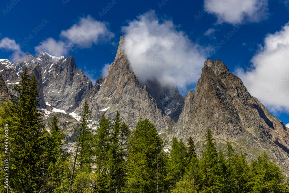 Obraz premium Tour du Montblanc beautiful mountain ladscapes of the Alps green valley, snow summit of Montblanc and rocky peaks of Aiguille du Midi in summer sunny weather blue sky, trekking and hiking in Chamonix