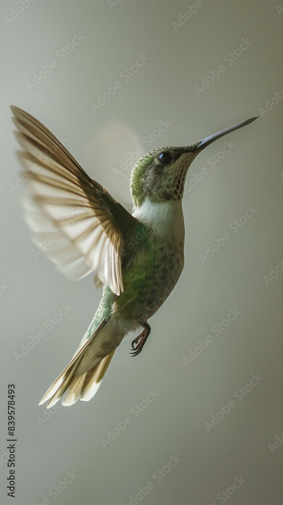 Fototapeta premium Cheerful and clean scene of a hummingbird in flight in a minimalistic setup, isolated on a white background. Ideal for illustrating the charm of wildlife and nature.