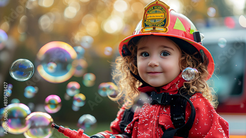 A photo of a child wearing a firefighter costume, holding a bubble wand shaped like a fire hose and pretending to extinguish bubbles in the air photo