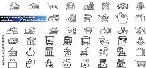 Public navigation in a shopping center, store, market. Set of line icons in linear style.