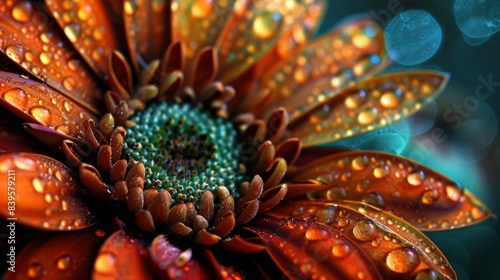 Vibrant macro flower with dewdrops and bokeh background