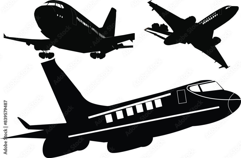 Print Black airplane icon collection. Set of black plane silhouette ...