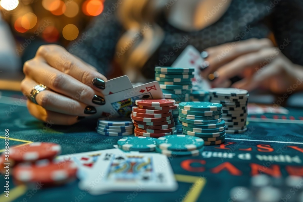 Close-up of hands playing poker with chips Close-up of hands playing poker with chips