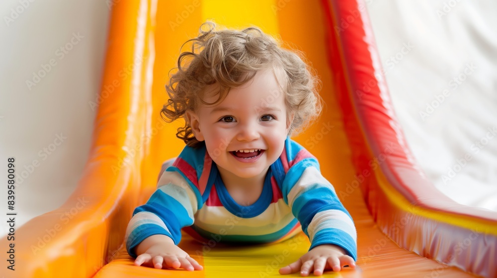 Cheerful and bright scene of a child sliding down a slide in a minimalistic setup, isolated on a white background. Ideal for illustrating fun and active playtime. Cheerful and bright scene of a child sliding down a slide in a minimalistic setup, isolated on a white background. Ideal for illustrating fun and active playtime.