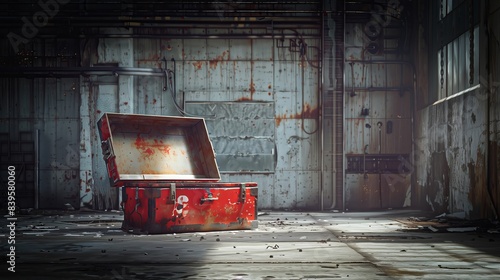 A red trunk sitting on the floor of an abandoned building photo