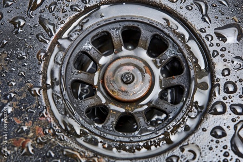 Close-up view of a wet car wheel with water droplets