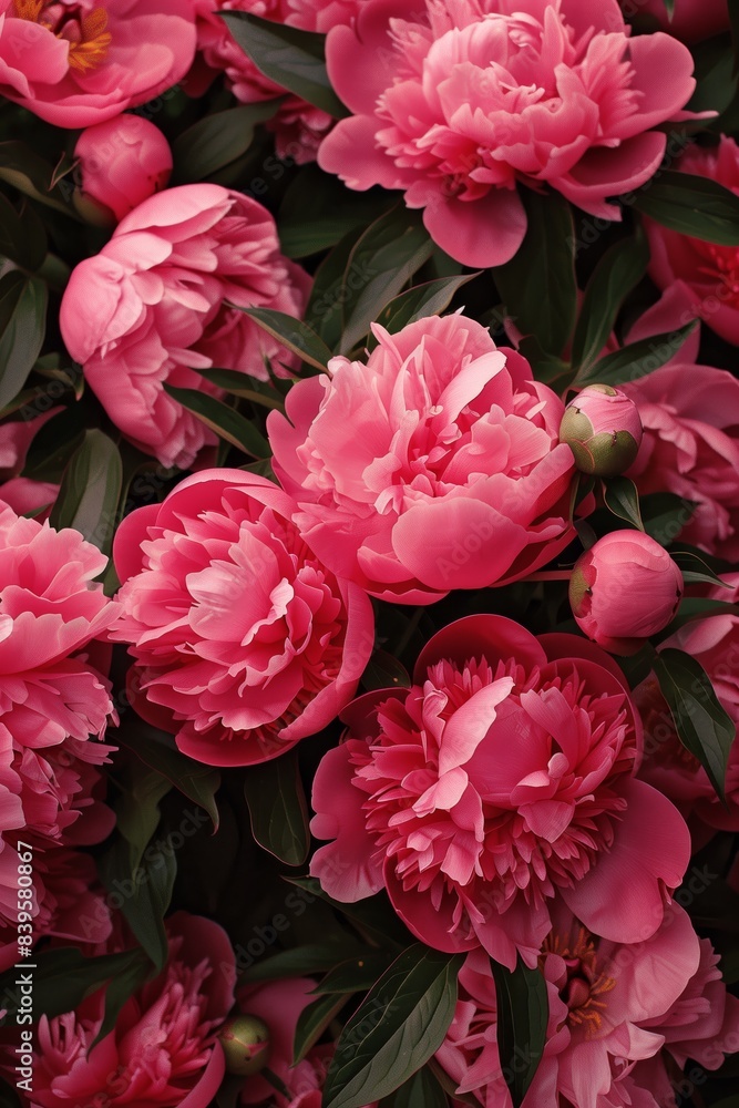 Close-up of vibrant pink peony flowers with dark green leaves. Macro shot for design and print. Close-up of vibrant pink peony flowers with dark green leaves. Macro shot for design and print.