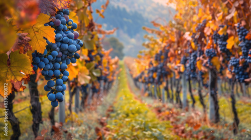 Vineyard in Autumn Foliage Palette., Harvest time, a stage in the wine-making process, les vendanges, grape harvesting, a seasonal job.