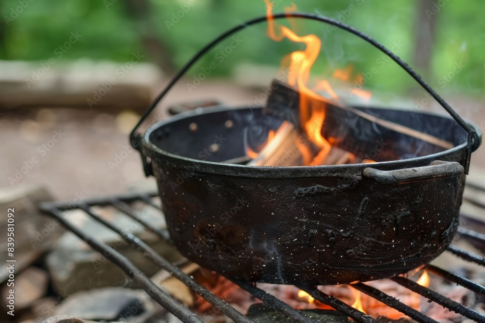 Outdoor summer campfire cooking in a forest Outdoor summer campfire cooking in a forest