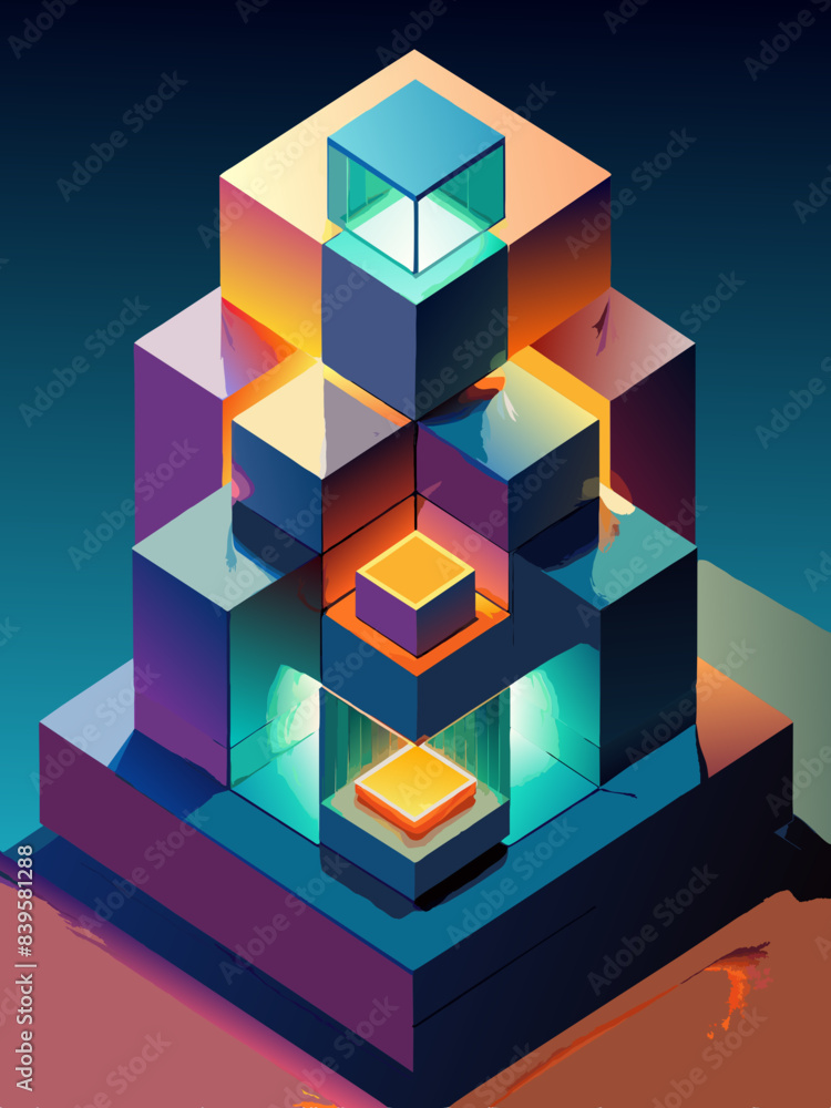 Vibrant Isometric Artwork of a Futuristic Structure at Twilight Vibrant Isometric Artwork of a Futuristic Structure at Twilight