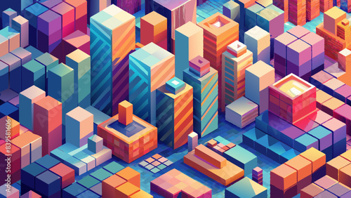 Vibrant Cubic Metropolis at Sunset - Abstract Urban Illustration