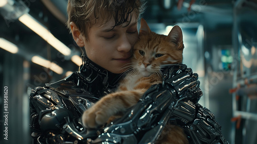 Portrait of a Cyborg Hugging a Ginger Cat: A Touch of Humanity in a Futuristic World