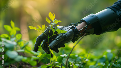 Cybernetic Hand Reaching for a Plant: Harmony of Technology and Nature photo