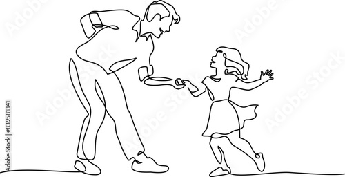 Father and daughter dancing. Fathers day concept. Continuous one line