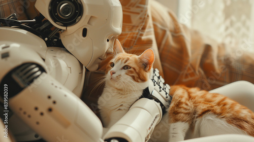 Heartwarming Bond: Robot Gently Petting a Kitten in a Cozy Home Setting
