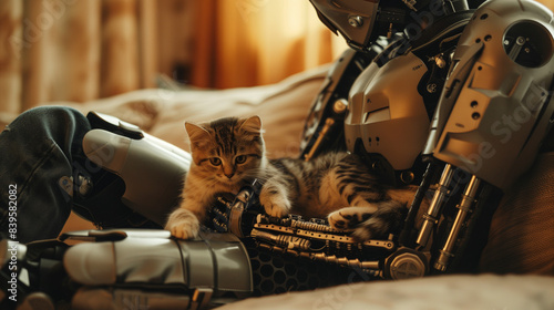 Heartwarming Bond: Robot Gently Petting a Kitten in a Cozy Home Setting