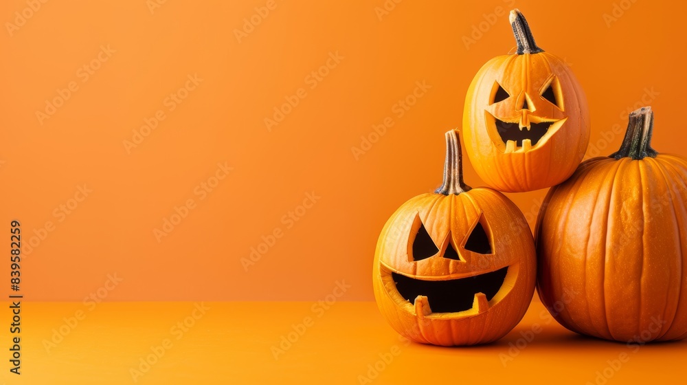Jack-o'-lanterns trio on vibrant orange backdrop for Halloween Jack-o'-lanterns trio on vibrant orange backdrop for Halloween
